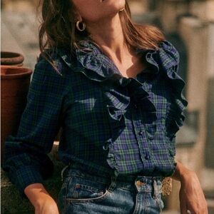 Sezane Tartan Ruffle Blouse - Navy and Emerald